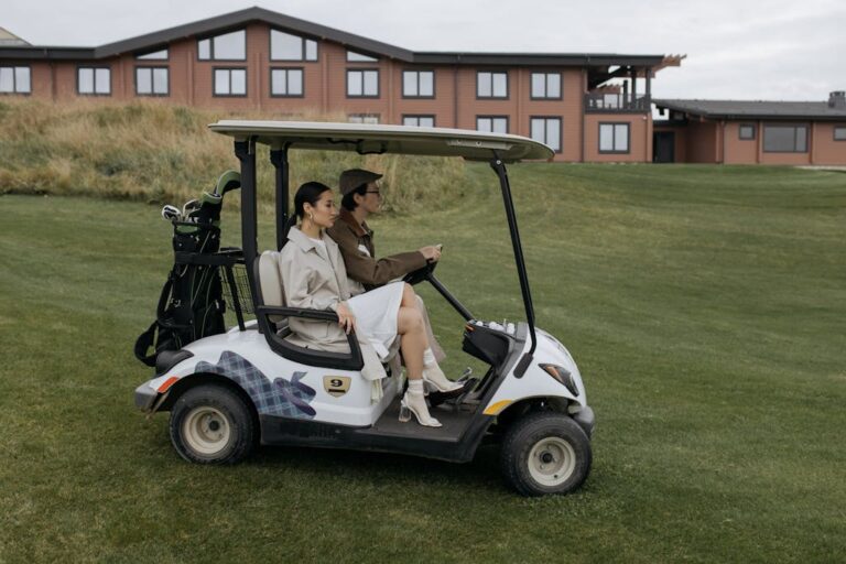 Pair enjoying a ride on a scenic golf course, highlighting leisure and companionship